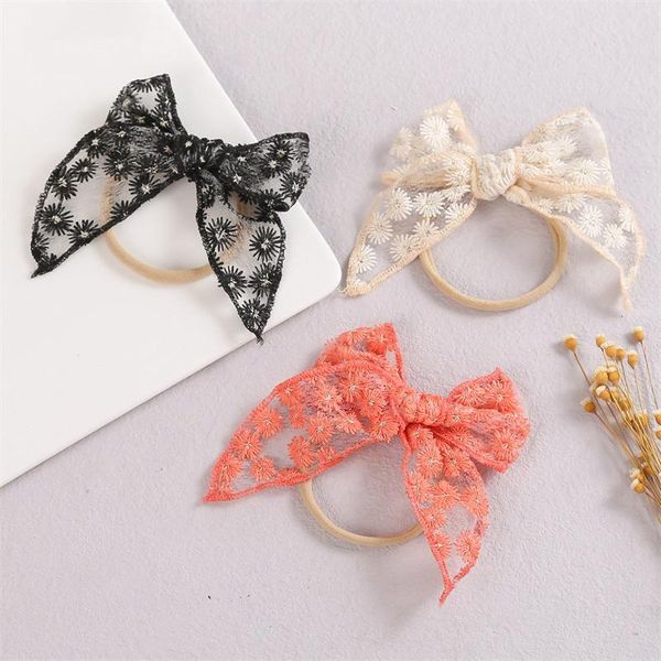 

hair accessories 1pcs lace flower bow baby headband elastic nylon headbands for born bowknot infant turban traceless hairband, Slivery;white