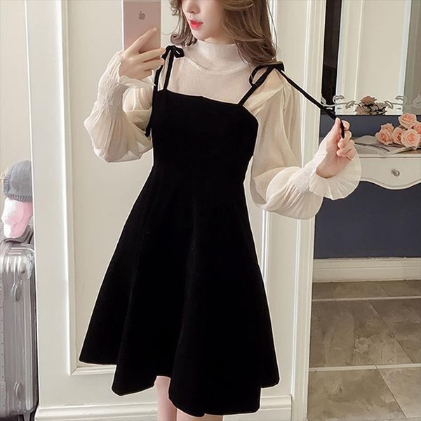 

Elegant Velvet Autumn Winter Womens Dresses Korean A Line Tops And Black Sundress Streetwear Two Piece Vestidos, Black;gray