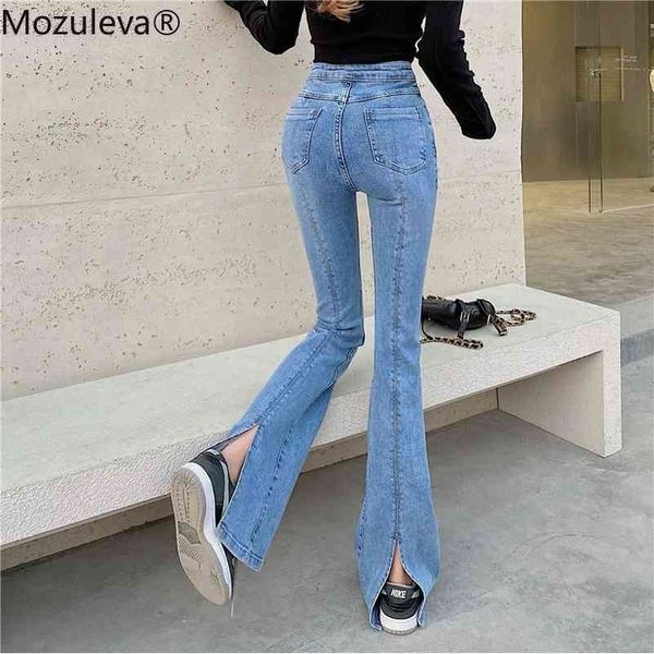 

high waist stretch skinny women female single-breasted side split flare pants floor-length denim jeans 210416, Blue