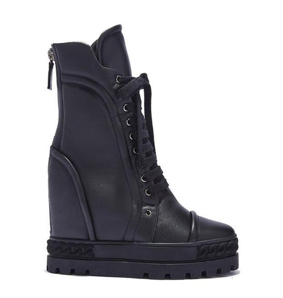 

boot design rubber sole 10cm internal heel women boots lace above, Black