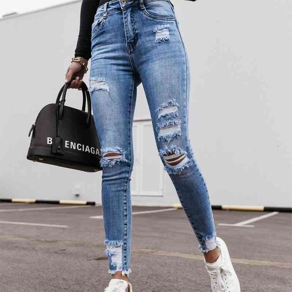 

women slim fit jeans high waist denim pants ripped hole tassel jeans pocket elastic stretch pencil long pants, Black;white