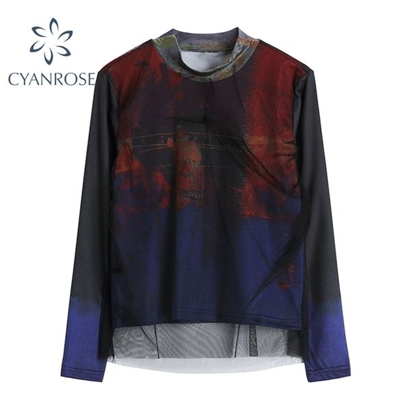 

streetwear long sleeve mesh t shirt women stand collar loose casual y2k tees female summer fashion grunge 210515, White