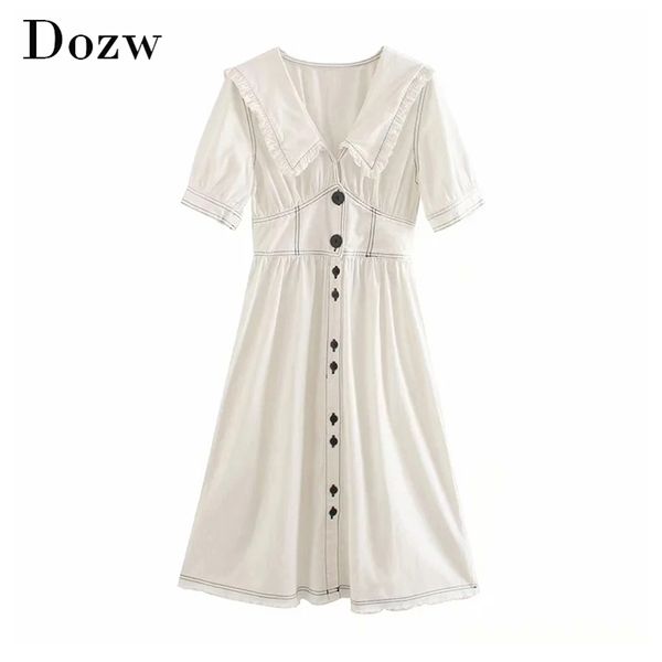 Elegante Uma linha White Midi Dress Mulheres Listrado Casual Manga Curta Algodão EsColar Verão Com Botões 210515