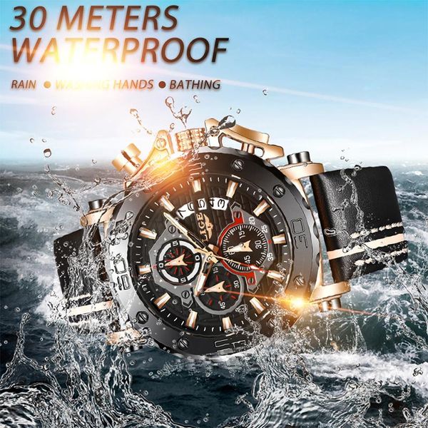 

waterproof mens watches leather sport military watch chronograph clock fashion wristwatches, Slivery;brown