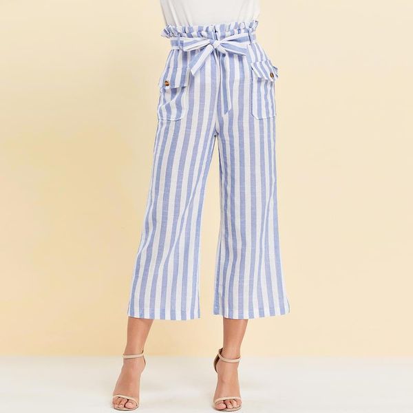 

women's lace up high waist casual loose striped wide leg pants pockets long ladies trousers office school & capris, Black;white