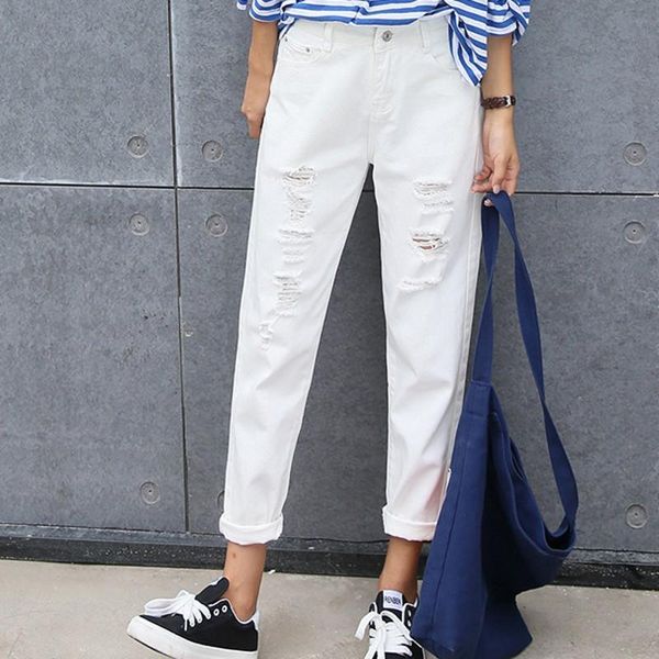 

white ripped jeans loose pencil femme woman 7js015 women's, Blue