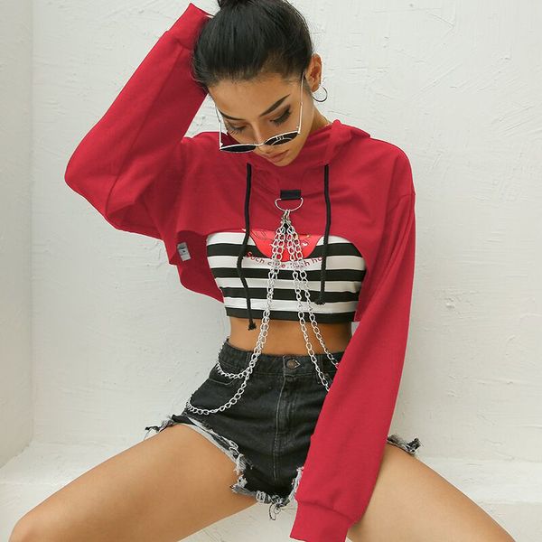 

red plain chain decorated long sleeve cutout super cropped hoodie, White