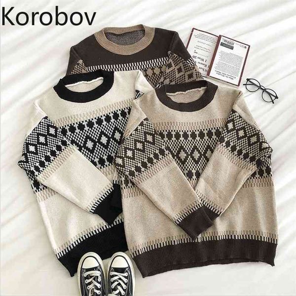 

korobov vintage o neck long sleeve women sweaters korean hit color patchwork sueter mujer new arrival jumper femme 210430, White;black