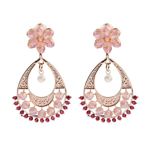 Trendy Boho Pink Crystal Flower Intagliato Orecchino indiano Brincos Gioielli da donna Retro Ladies Jhumka Orecchini pendenti Orecchini