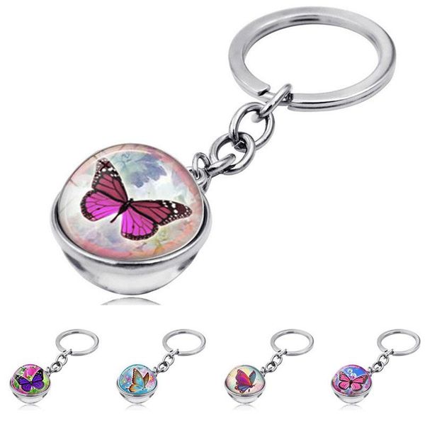 

keychains wg 1pc fashion butterfly time gem&stone keychain pendant silvercolor cabochon glass ball metal keyring creative gift, Silver