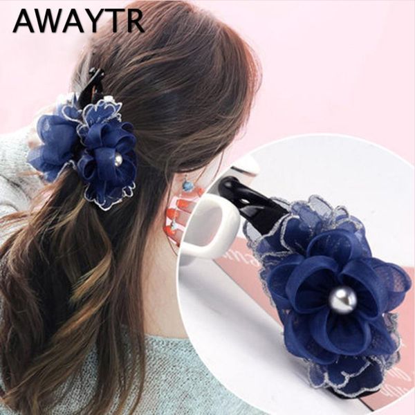 

lace flower pearl banana hair clip barrette for women tie up vertical clips ponytail fashion accessories1