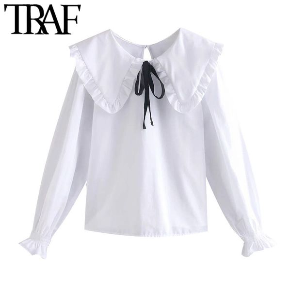 

traf women sweet fashion with bow tied loose blouses vintage peter pan collar long sleeve female shirts chic 210415, White