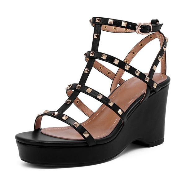 

sandals 2021 summer women genuine leather wedge bohemia buckle strap fashion elegant rivet casual hollow out women's shoes, Black