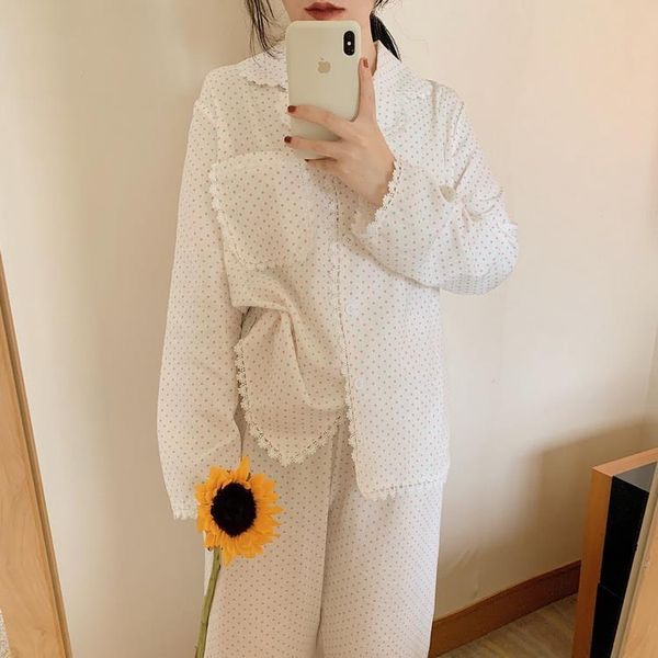 

white polka dot bell womens sleepwears pajamas set lace home suit pants pijamas pockets long sleeve shirts lounge wear 2, Black;red