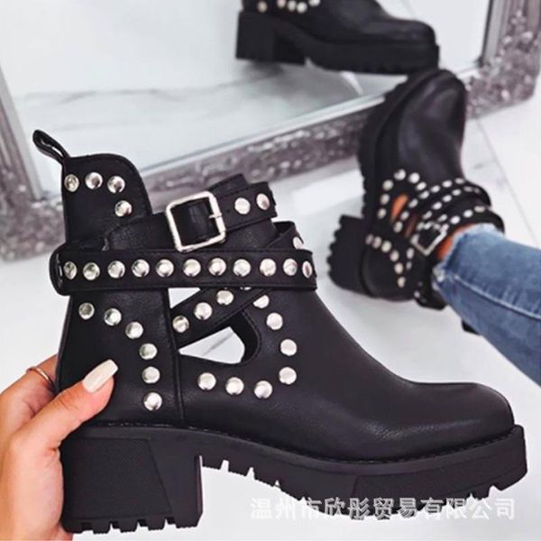 

boots 2021 knight waterproof platform thick heel hollow sandals round toe female rivet single large size women shoes, Black