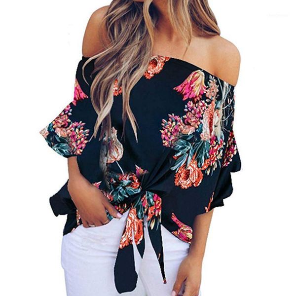 

women's blouses & shirts summer off shoulder slash neck bow tie women beach chiffon casual ladies floral print shirt blusas, White