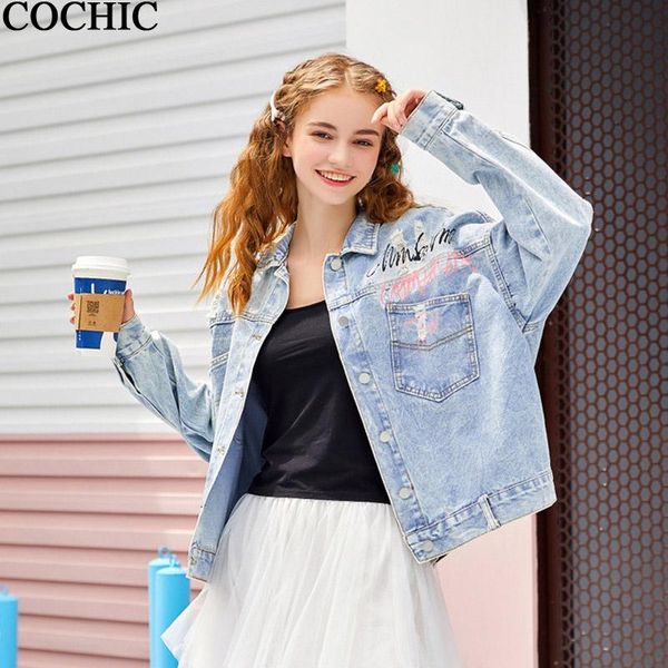 

women's jackets women chic holes graffiti denim jacket pocket fashion streetwear spring autumn loose jeans coat, Black;brown