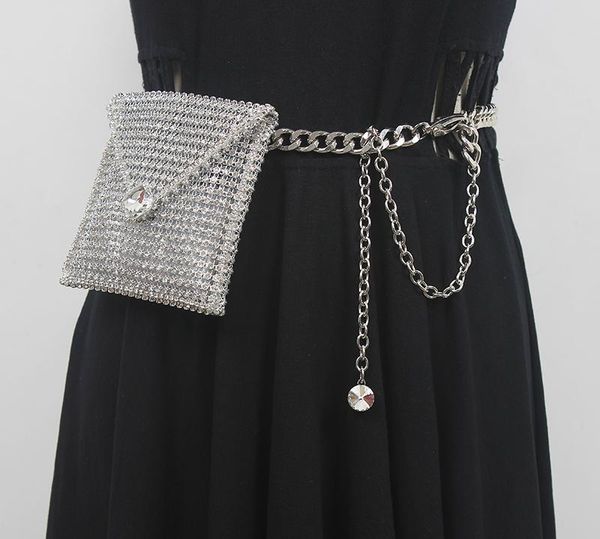 

belts women's runway fashion diamonds bag metal chain cummerbunds female dress corsets waistband decoration narrow belt r1992, Black;brown