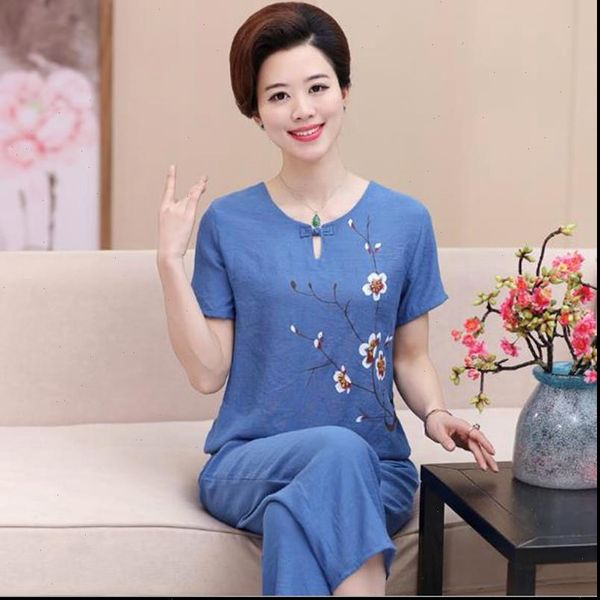 

middle aged mother short sleeved women sleepwear suit summer cotton linen pajamas two piece set womens home clothes out wear, Black;red