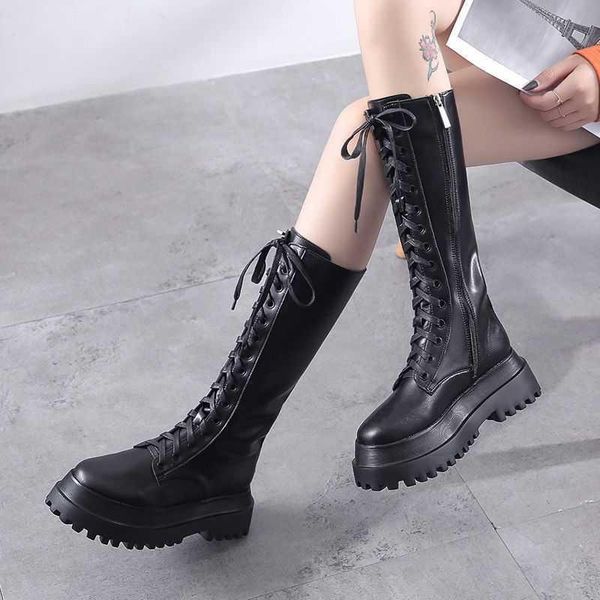 

boots pu leather platform women spring autumn thick heels knee high booties woman lace-up motorcycle female footwear, Black