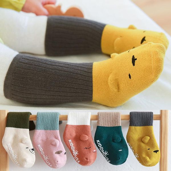 

socks baby boys winter thick cotton carton bear kids high born girl keep warm non-slip floor accessories, Pink;yellow