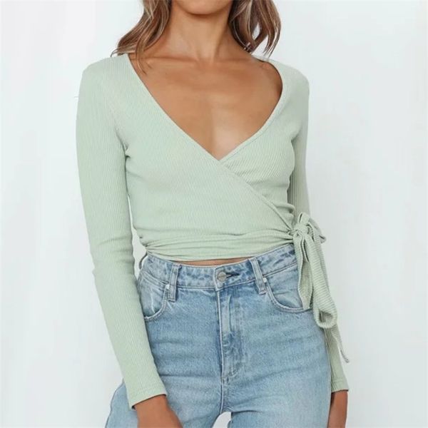 

foridol knitted ribbed lace up blouse women casual ladies khaki autumn winter crop v neck vintage blouse shirts 210415, White