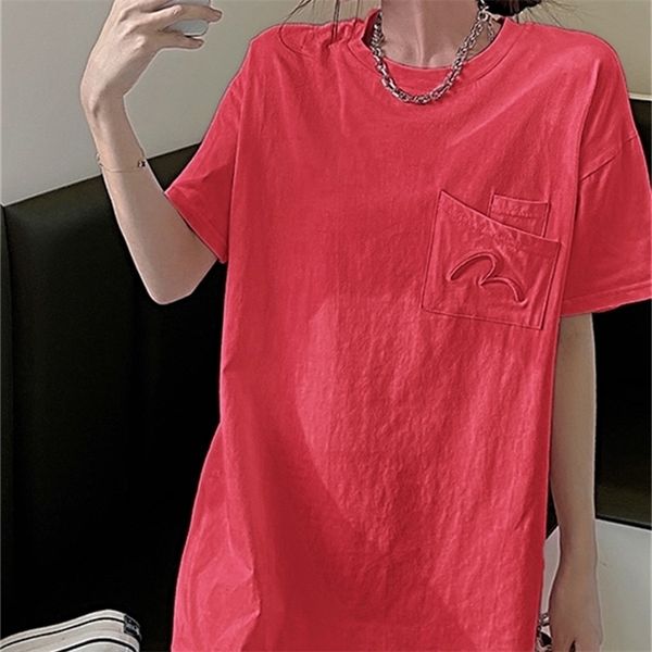 

embroidery women t-shirts mid-length korean summer fashion female loose short sleeve tees 210507, White