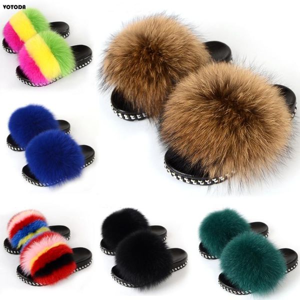 

real raccoon fur slippers for women slides indoor fluffy casual furry flip flops fashion cute rivets platform sandals, Black