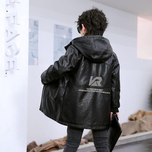 

down coat baby boys' cotton-padded jacket 2-14 years children's thick pu long hooded plush velvet leather kids winter, Blue;gray