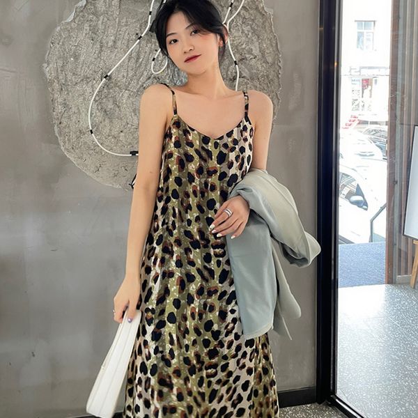

women green party elegant leopard spaghetti strap dress v-neck sleeveless loose fashion prom summer 16f1386 210510, Black;gray