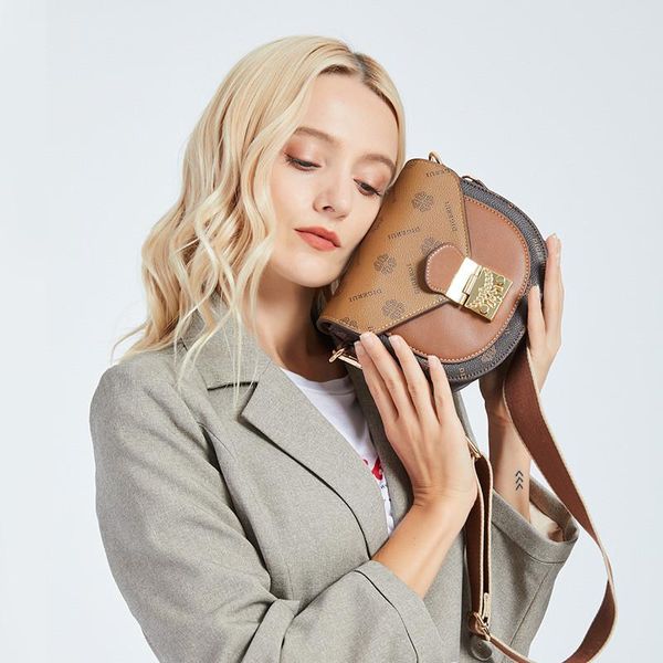 

evening bags leather 2021 fashion retro printing wide shoulder strap single messenger semicircle