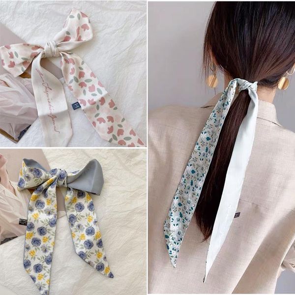 

hair accessories fashion printing chiffon check grace long ribbon bow lady headdress scrunchie ponytail holder tie women silk scarves band