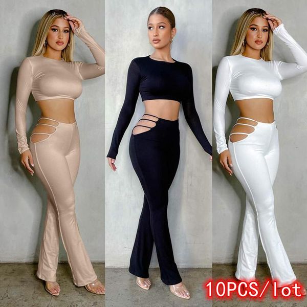 

women's two piece pants 10pcs wholesale item set women crop hollow out match tracksuit lounge wear jogger club outfits female, White