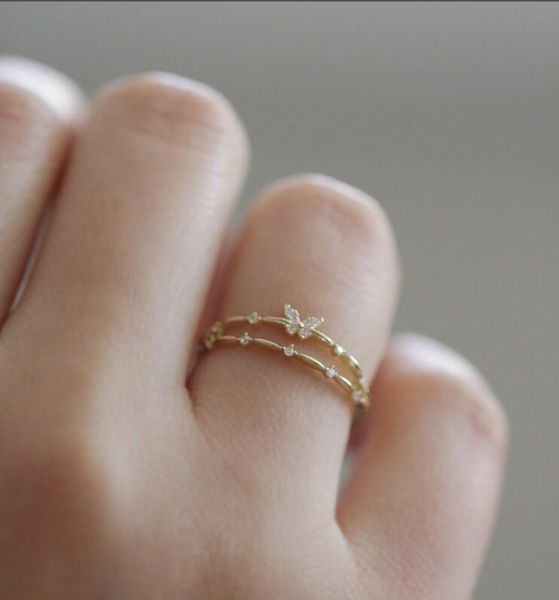 

wedding rings trendy female crystal butterfly thin ring classic gold color engagement charm white zircon stone for women, Slivery;golden