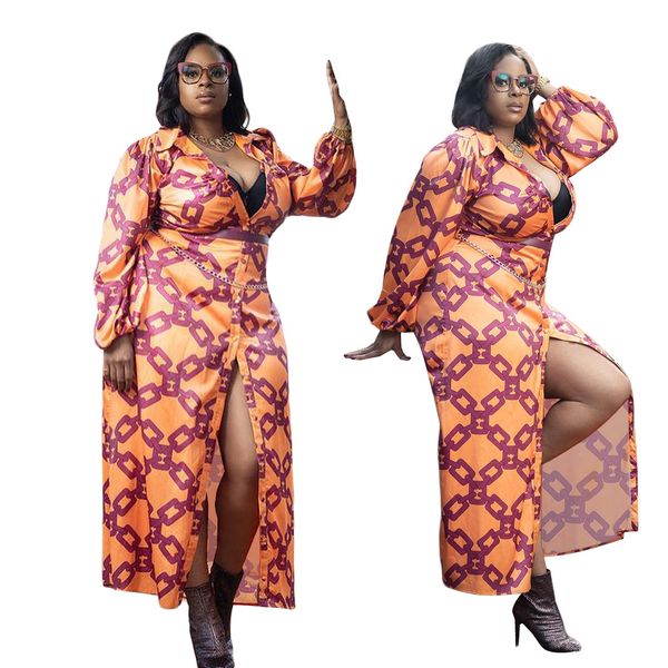 

elegant women chain printing shirt dresses plus size turn-down collar single-breasted full sleeve straight ankle-length dress kb7064, White