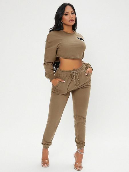 

letter embroidery drop shoulder crop sweatshirt & sweatpants y3sx#, White