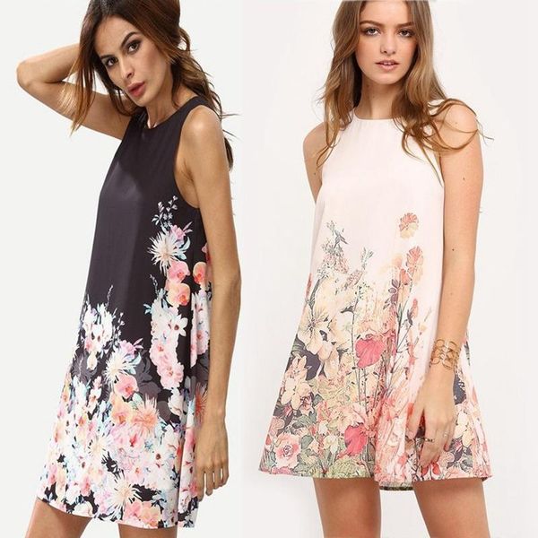 

casual dresses women's summer beach short loose neck strap floral print sleeveless comfortable mini dress1 hp21, Black;gray