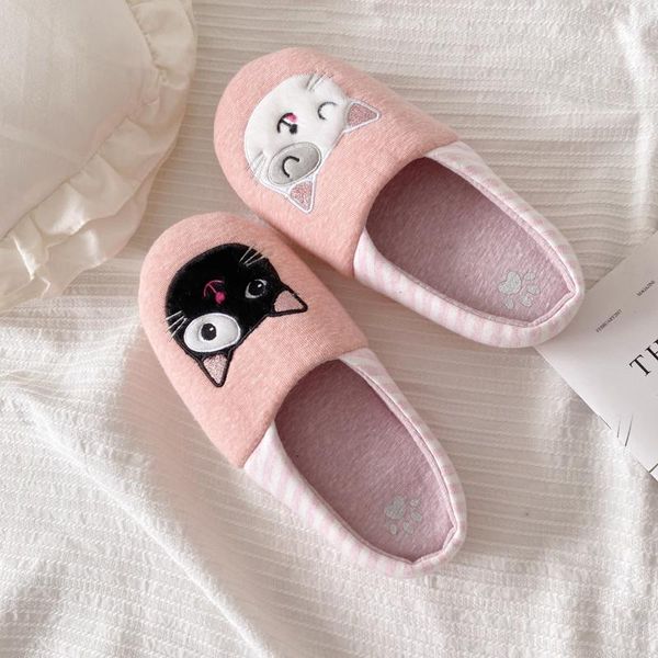 

lovely pink cat cartoon animal plush slippers female winter warm cute soft girl home woman shoes, Black
