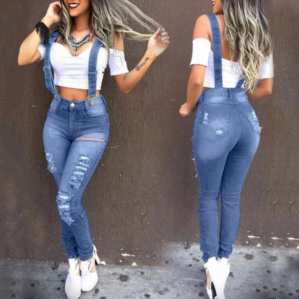 

fashion washed denim bib womens jean womans overalls high waist femme jumpsuits rompers ripped for women vaqueros, Blue