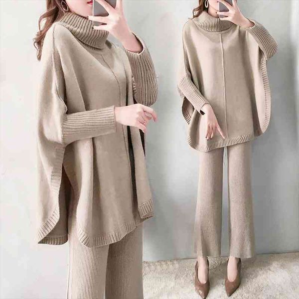 

autumn spring knitted tracksuit turtleneck sweatshirts women suit clothing 2 piece set knit pant female pants suit, Gray