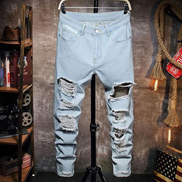 

men's jeans fashion men ripped broken hole pants torn straight denim vintage washed trousers streetwear, Blue