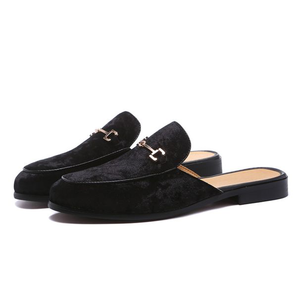 

men's suede leather open back slip-on dress slippers on backless velvet loafers lazy person half shoe for men size 6~13, Black
