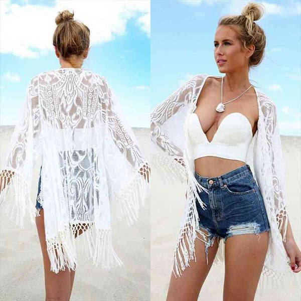 

women solid long sleeve fashion bathing suit tassel bikini cover up lace beach short dress beachwear, White;black