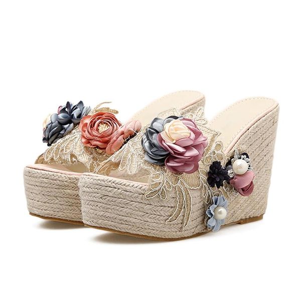 

slippers lucyever pearl floral wedge women summer super high heels platform sandals woman 2021 bohemian beach shoes, Black