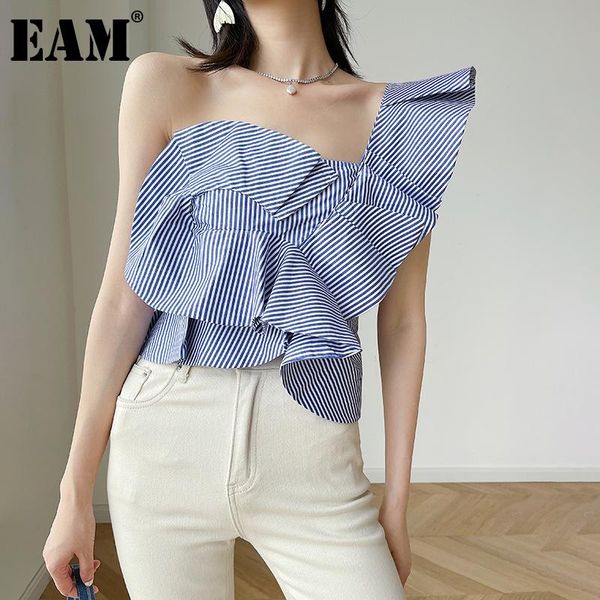 

women's blouses & shirts [eam] women blue striped ruffles irregular blouse lapel sleeveless loose fit shirt fashion tide spring summer, White