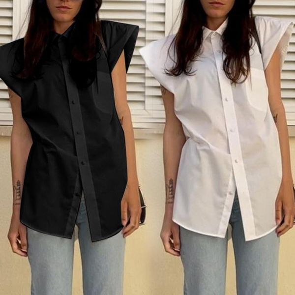 

women's t-shirt 1 pcs women sleeveless shirt with shoulder pads slim personality fashion unique design suit for office daliy life summe, White