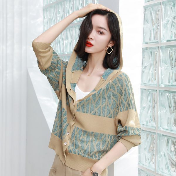 

women's luxury jacket 2021 spring and summer wear short hoodie knitted cardigan geometric contrast loose women's coat thin, Black;brown