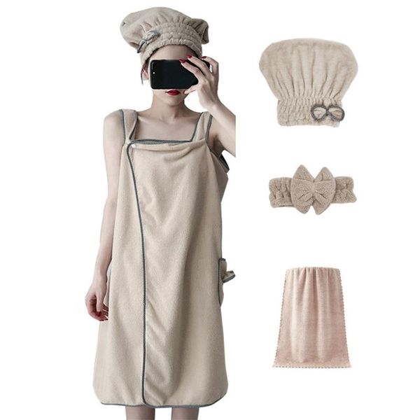 

women 4pcs absorbent coral velvet spa bath wrap cover up set bathrobe towel hat
