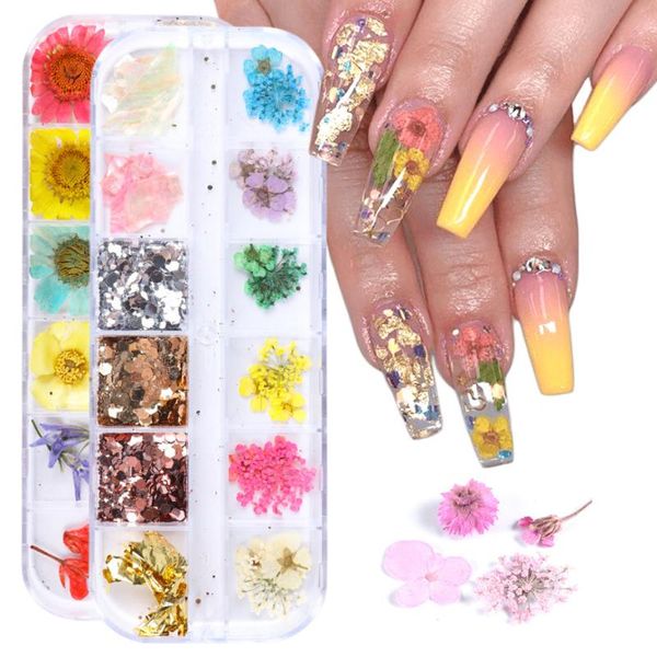 

boxes beautiful dried flowers nail art decorations, Silver;gold