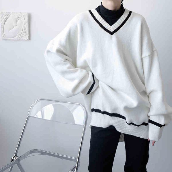 

men's sweaters men and women niche simple v-neck loose vintage pullover oversize korean streetwear knitwear man 51dt, White;black
